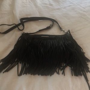Black Leather Crossbody Bag with Fringe